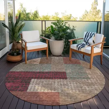 8' Brown And Terra Cotta Round Geometric Washable Indoor Outdoor Area Rug