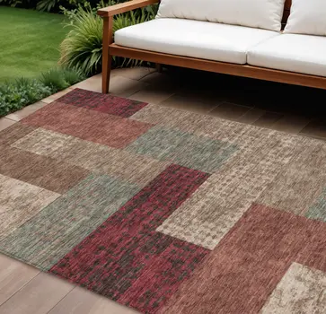 9' X 12' Brown And Terra Cotta Geometric Washable Indoor Outdoor Area Rug
