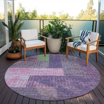 8' Purple Green And Pink Round Geometric Washable Indoor Outdoor Area Rug