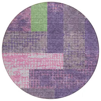 8' Purple Green And Pink Round Geometric Washable Indoor Outdoor Area Rug