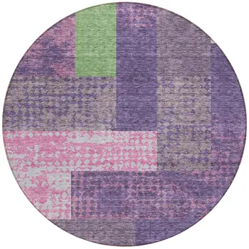 8' Purple Green And Pink Round Geometric Washable Indoor Outdoor Area Rug
