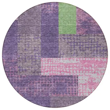 8' Purple Green And Pink Round Geometric Washable Indoor Outdoor Area Rug
