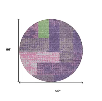 8' Purple Green And Pink Round Geometric Washable Indoor Outdoor Area Rug
