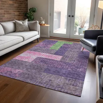 9' X 12' Purple Green And Pink Geometric Washable Indoor Outdoor Area Rug