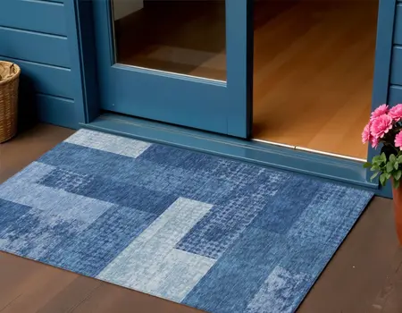 3' X 5' Navy Blue And Sky Blue Geometric Washable Indoor Outdoor Area Rug