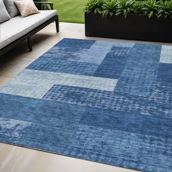 5' X 8' Navy Blue And Sky Blue Geometric Washable Indoor Outdoor Area Rug