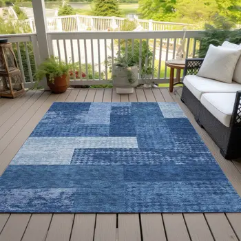 5' X 8' Navy Blue And Sky Blue Geometric Washable Indoor Outdoor Area Rug