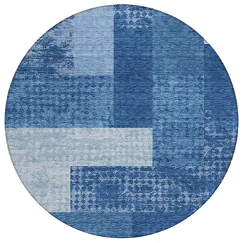 8' Navy Blue And Sky Blue Round Geometric Washable Indoor Outdoor Area Rug