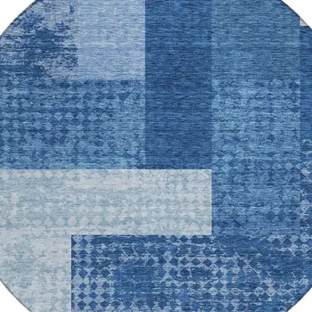 8' Navy Blue And Sky Blue Round Geometric Washable Indoor Outdoor Area Rug
