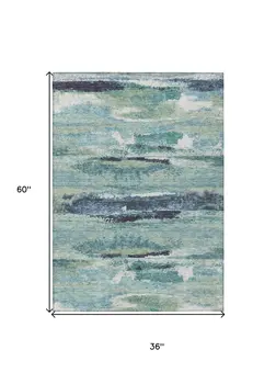 3' X 5' Sage Teal Blue And Navy Blue Abstract Washable Indoor Outdoor Area Rug