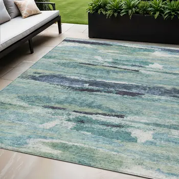 5' X 8' Sage Teal Blue And Navy Blue Abstract Washable Indoor Outdoor Area Rug