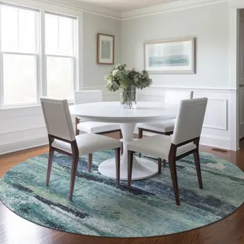 8' Sage Teal Blue And Navy Blue Round Abstract Washable Indoor Outdoor Area Rug