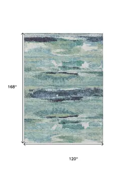 10' X 14' Sage Teal Blue And Navy Blue Abstract Washable Indoor Outdoor Area Rug
