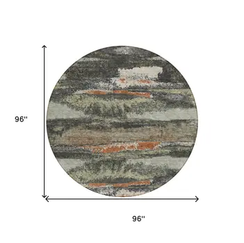 8' Charcoal Copper And Ivory Round Abstract Washable Indoor Outdoor Area Rug