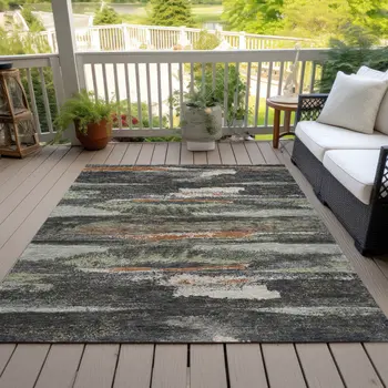 10' X 14' Charcoal Copper And Ivory Abstract Washable Indoor Outdoor Area Rug