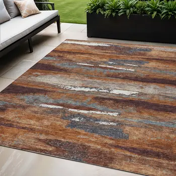5' X 8' Copper Rust And Ivory Abstract Washable Indoor Outdoor Area Rug