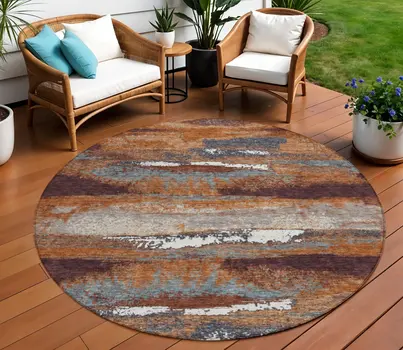 8' Copper Rust And Ivory Round Abstract Washable Indoor Outdoor Area Rug