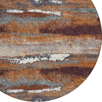8' Copper Rust And Ivory Round Abstract Washable Indoor Outdoor Area Rug