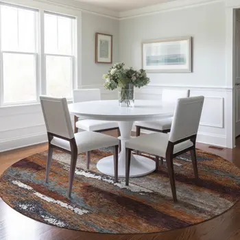 8' Copper Rust And Ivory Round Abstract Washable Indoor Outdoor Area Rug
