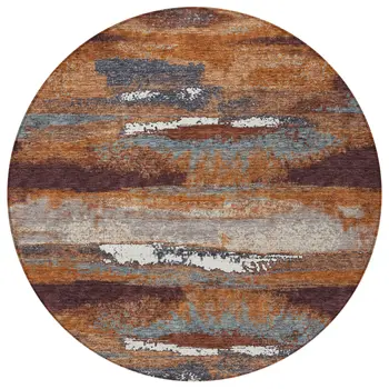 8' Copper Rust And Ivory Round Abstract Washable Indoor Outdoor Area Rug
