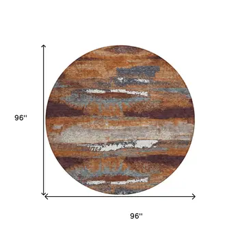 8' Copper Rust And Ivory Round Abstract Washable Indoor Outdoor Area Rug