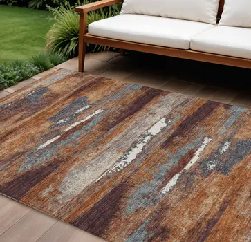 9' X 12' Copper Rust And Ivory Abstract Washable Indoor Outdoor Area Rug