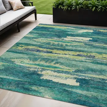 5' X 8' Emerald And Lime Green Abstract Washable Indoor Outdoor Area Rug