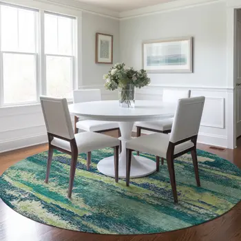 8' Emerald And Lime Green Round Abstract Washable Indoor Outdoor Area Rug
