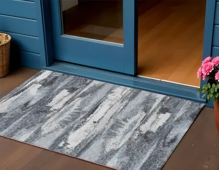 3' X 5' Gray And Silver Abstract Washable Indoor Outdoor Area Rug