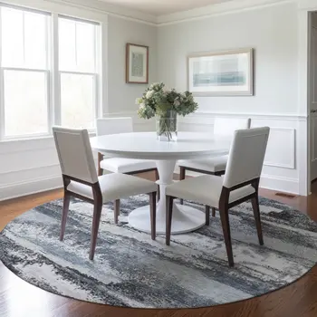 8' Gray And Silver Round Abstract Washable Indoor Outdoor Area Rug
