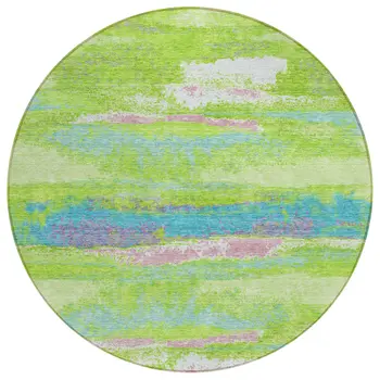 8' Lime Green And Sky Blue Round Abstract Washable Indoor Outdoor Area Rug