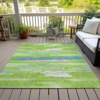 9' X 12' Lime Green And Sky Blue Abstract Washable Indoor Outdoor Area Rug