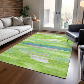 9' X 12' Lime Green And Sky Blue Abstract Washable Indoor Outdoor Area Rug