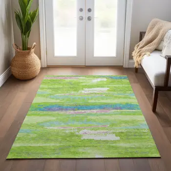 9' X 12' Lime Green And Sky Blue Abstract Washable Indoor Outdoor Area Rug