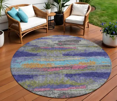 8' Lavender Pink And Blue Round Abstract Washable Indoor Outdoor Area Rug