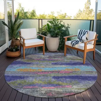 8' Lavender Pink And Blue Round Abstract Washable Indoor Outdoor Area Rug