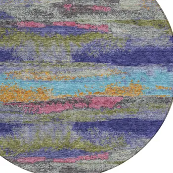 8' Lavender Pink And Blue Round Abstract Washable Indoor Outdoor Area Rug