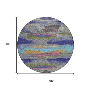 8' Lavender Pink And Blue Round Abstract Washable Indoor Outdoor Area Rug