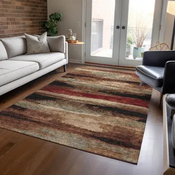 5' X 8' Brown Beige And Burgundy Abstract Washable Indoor Outdoor Area Rug