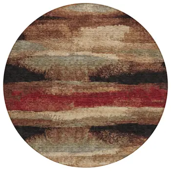 8' Brown Beige And Burgundy Round Abstract Washable Indoor Outdoor Area Rug