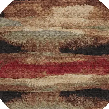 8' Brown Beige And Burgundy Round Abstract Washable Indoor Outdoor Area Rug