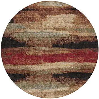 8' Brown Beige And Burgundy Round Abstract Washable Indoor Outdoor Area Rug