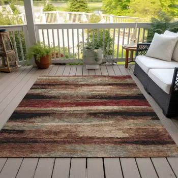8' X 10' Brown Beige And Burgundy Abstract Washable Indoor Outdoor Area Rug
