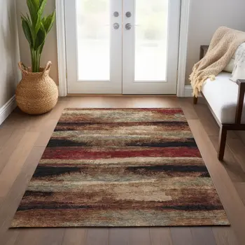 8' X 10' Brown Beige And Burgundy Abstract Washable Indoor Outdoor Area Rug