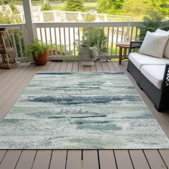5' X 8' Mint Green Ivory And Denim Blue Abstract Washable Indoor Outdoor Area Rug