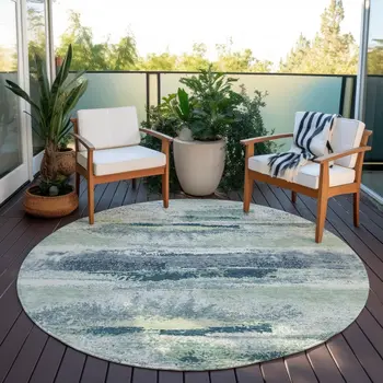 8' Mint Green Ivory And Denim Blue Round Abstract Washable Indoor Outdoor Area Rug