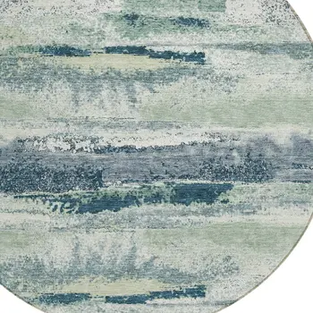8' Mint Green Ivory And Denim Blue Round Abstract Washable Indoor Outdoor Area Rug