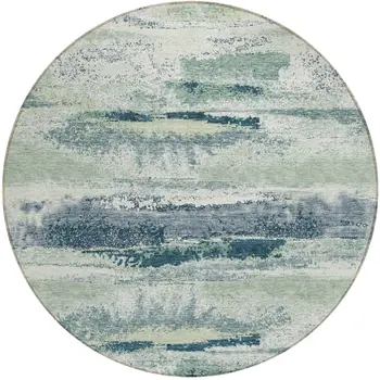 8' Mint Green Ivory And Denim Blue Round Abstract Washable Indoor Outdoor Area Rug