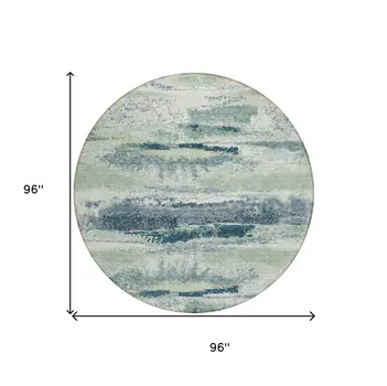8' Mint Green Ivory And Denim Blue Round Abstract Washable Indoor Outdoor Area Rug