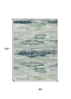 8' X 10' Mint Green Ivory And Denim Blue Abstract Washable Indoor Outdoor Area Rug